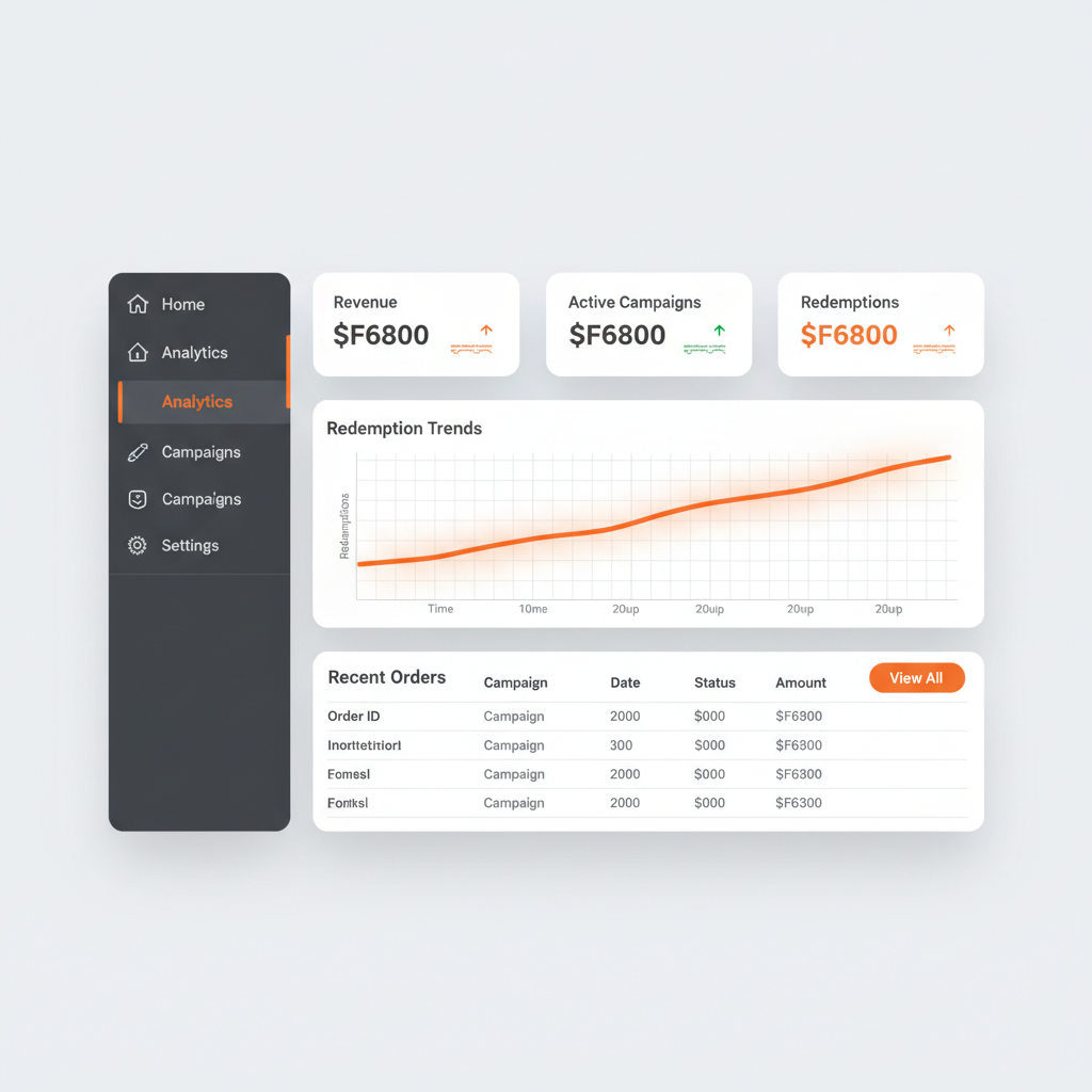 Vouchline merchant dashboard showing campaign metrics, redemption charts, and recent orders